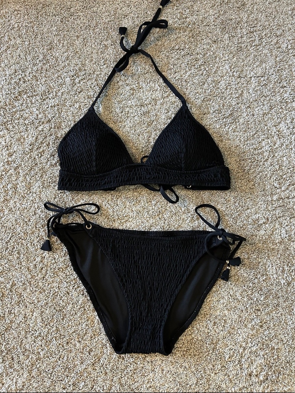Victoria's Secret Black Smocked Crinkle Tie-Side Bikini Large